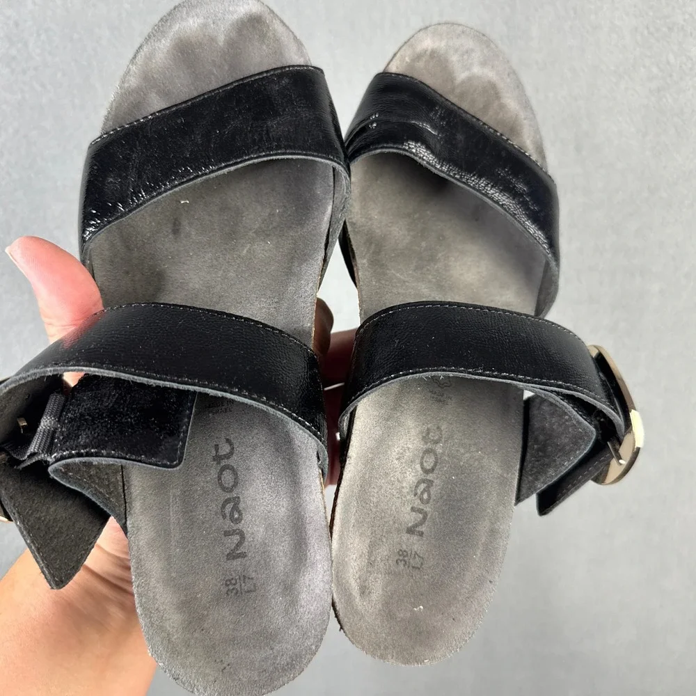 Naot Innovate Black Patent Leather Wedge Slide Sandals Large Buckle Size 38 7